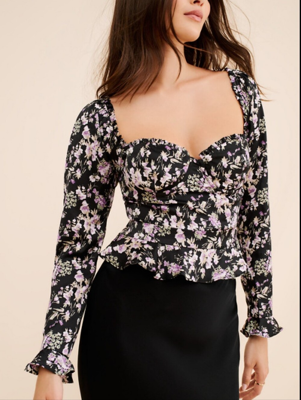 Astr the Label black purple floral corset long sleeve underwire peplum crop top